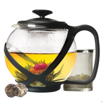 Tempo Round 40 oz. Glass Teapot Black