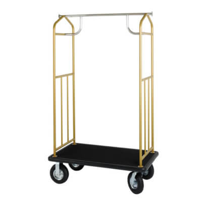 Transporter Bellman's Cart with Powder Coated Satin Gold Finish.Choice of Carpet/Bumper Style
