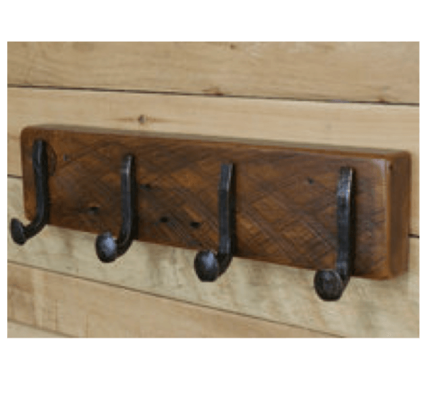 Reclaimed wood coat rack with railroad spike hooks
