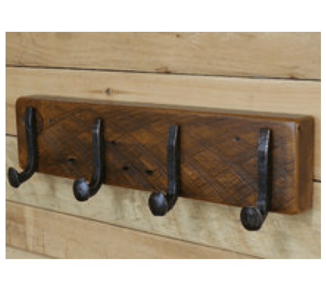 42" Reclaimed Wood Coat Rack with 7 Railroad Spike Hooks and shelf 