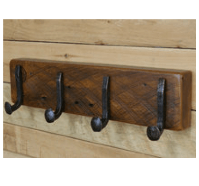 Reclaimed wood coat rack with railroad spike hooks SLX Hospitality