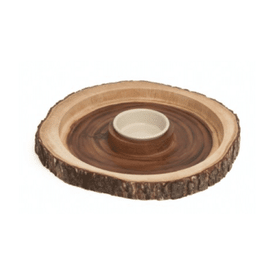 Acacia Bark Round Dipping Platter w/ Ceramic Bowl