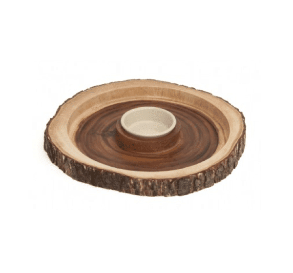 Acacia Bark Round Dipping Platter w/ Ceramic Bowl