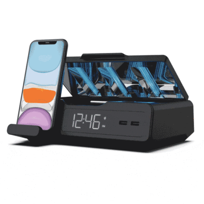 UV Station: UV Light Phone and Remote Sanitizer with clock, wireless charger and USB ports