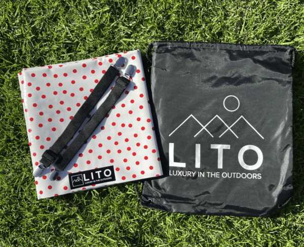 LITOCLOTH Polka Dots Outdoor Tablecloth Aqua & Red - Image 2